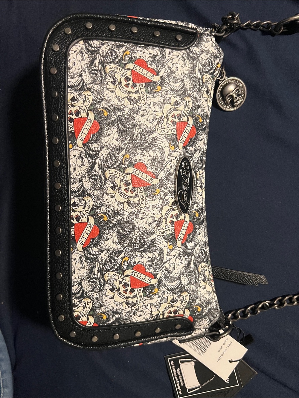Ed Hardy Black & White Tattoo-Print Crossbody with Red Accents